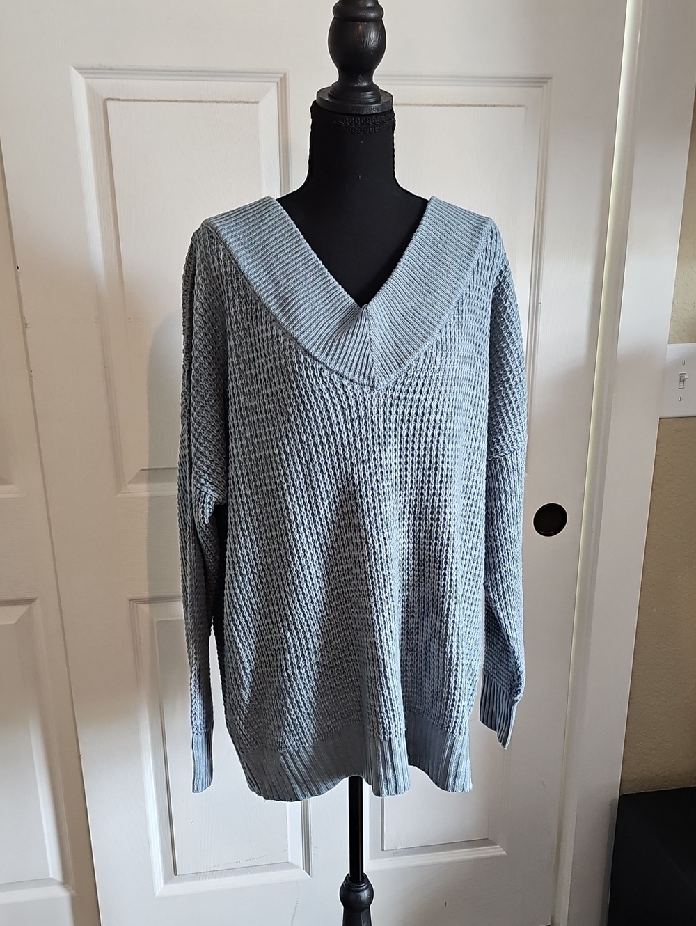 Zenana Outfitters Light Blue V-Neck Waffle Knit Sweater